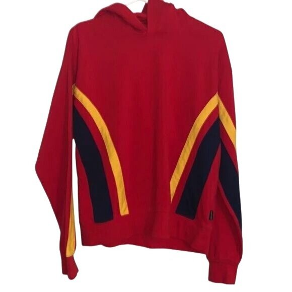 Red Ninth Hall Hoodie With Yellow & Navy Sleeve Stripes Cotton-Polyester Blend M - Picture 4 of 9
